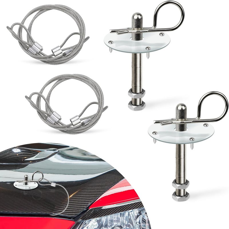 Hbxdeco 2PCS Hood Pin Kit for Car, Stainless Steel Car Hood Lock Kit with Racing Lanyard, Quick Release Car Hood Cover Latch Hood Pins to Reduce Shaking, Universal Hood Pins Lock Clip Kit (Silver) - Image 1